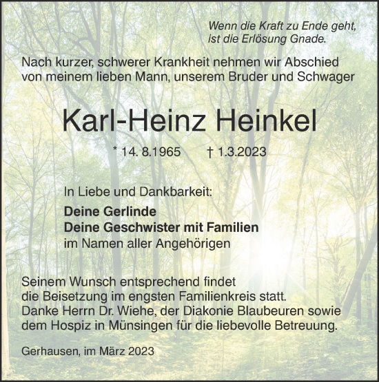 Traueranzeige von Karl-Heinz Heinkel von SÜDWEST PRESSE