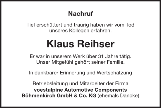 Traueranzeige von Klaus Reihser von NWZ Neue Württembergische Zeitung