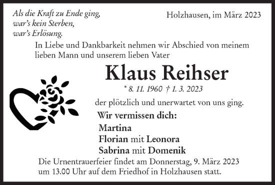 Traueranzeige von Klaus Reihser von NWZ Neue Württembergische Zeitung