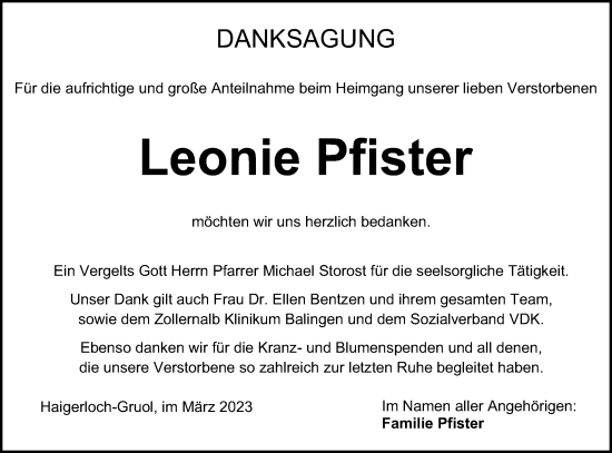 Traueranzeige von Leonie Pfister von Metzinger-Uracher Volksblatt
