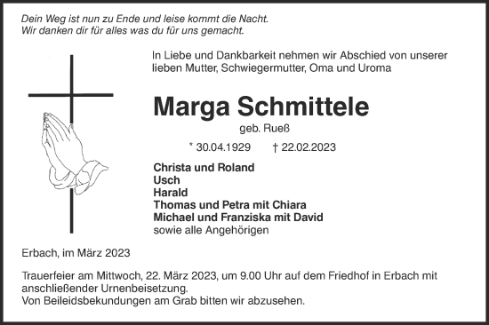 Traueranzeige von Marga Schmittele von SÜDWEST PRESSE Ausgabe Ulm/Neu-Ulm