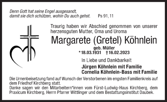 Traueranzeige von Margarete  Köhnlein von Hohenloher Tagblatt