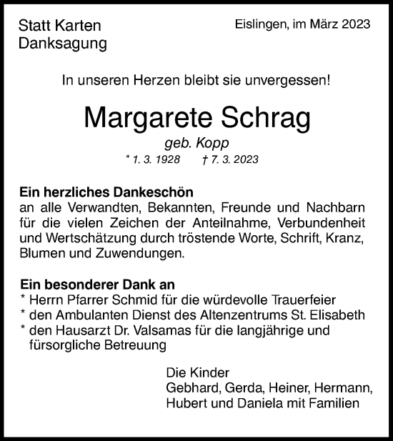 Traueranzeige von Margarete Schrag von NWZ Neue Württembergische Zeitung