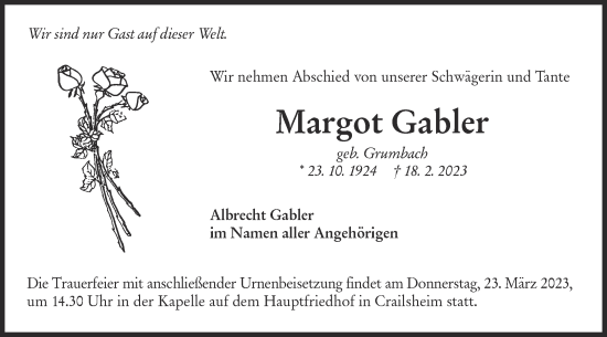 Traueranzeige von Margot Gabler von Hohenloher Tagblatt