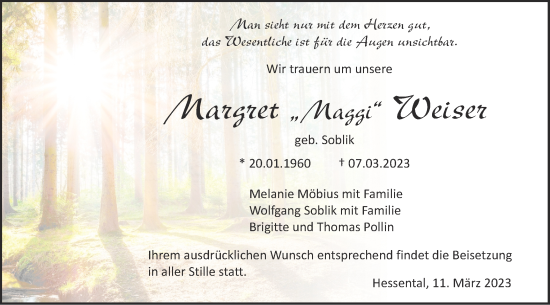 Traueranzeige von Margret Weiser von Haller Tagblatt