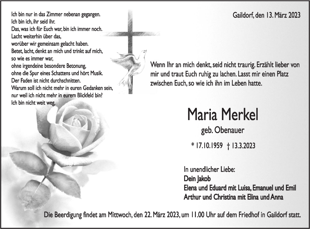  Traueranzeige für Maria Merkel vom 18.03.2023 aus Rundschau Gaildorf