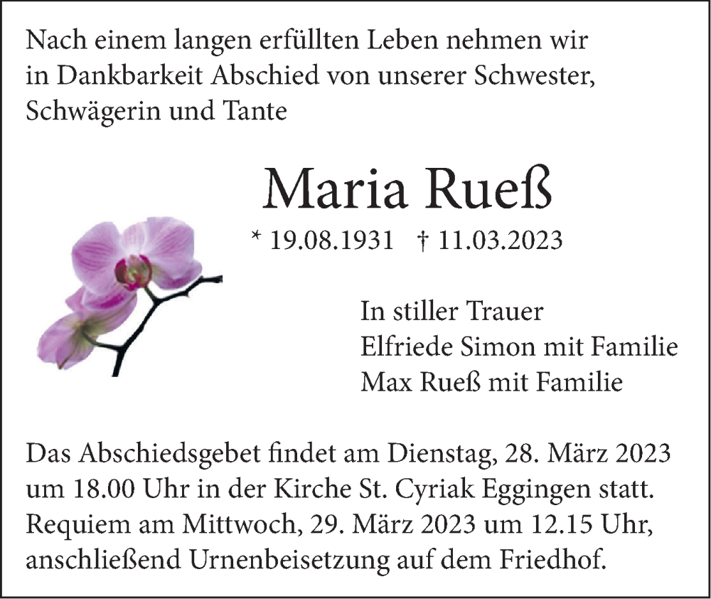  Traueranzeige für Maria Rueß vom 18.03.2023 aus SÜDWEST PRESSE Ausgabe Ulm/Neu-Ulm