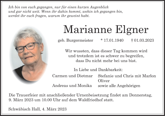 Traueranzeige von Marianne Elgner von Haller Tagblatt