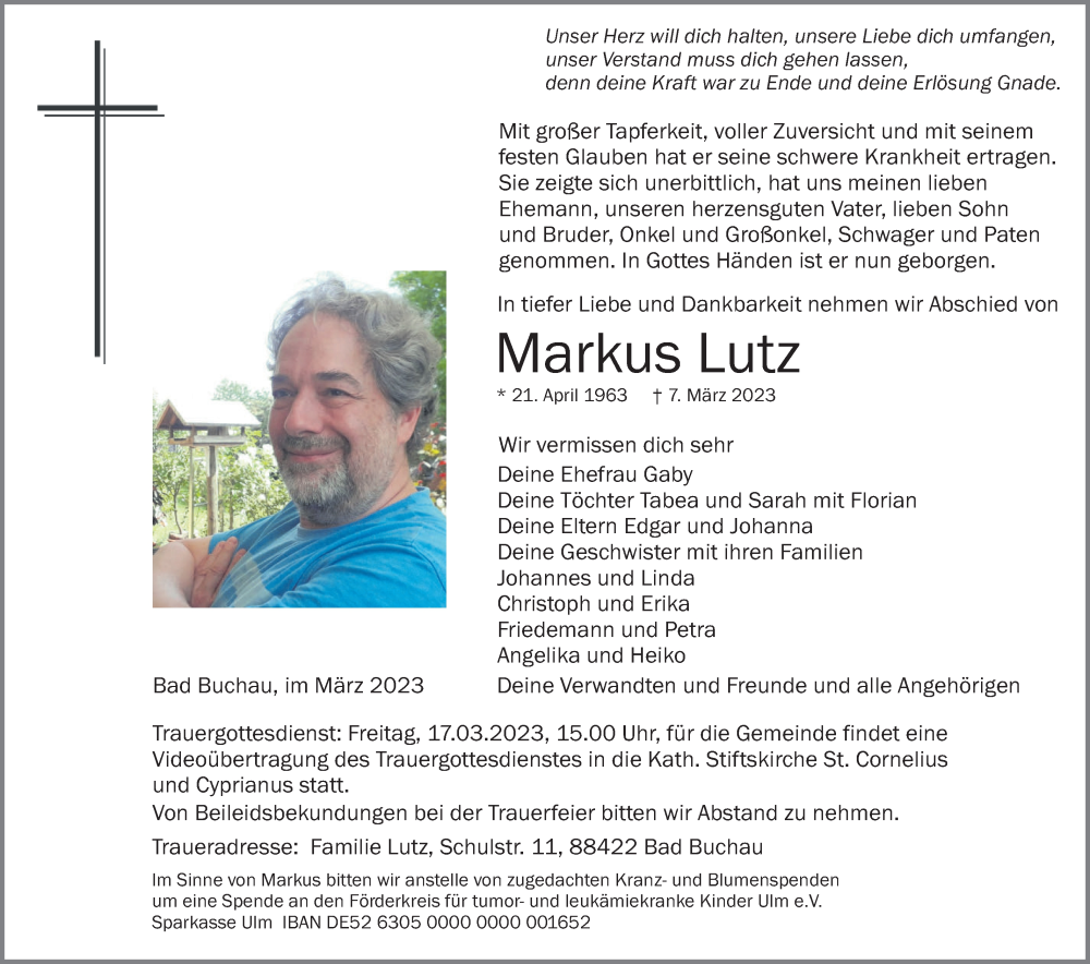  Traueranzeige für Markus Lutz vom 14.03.2023 aus Alb-Bote/Metzinger-Uracher Volksblatt
