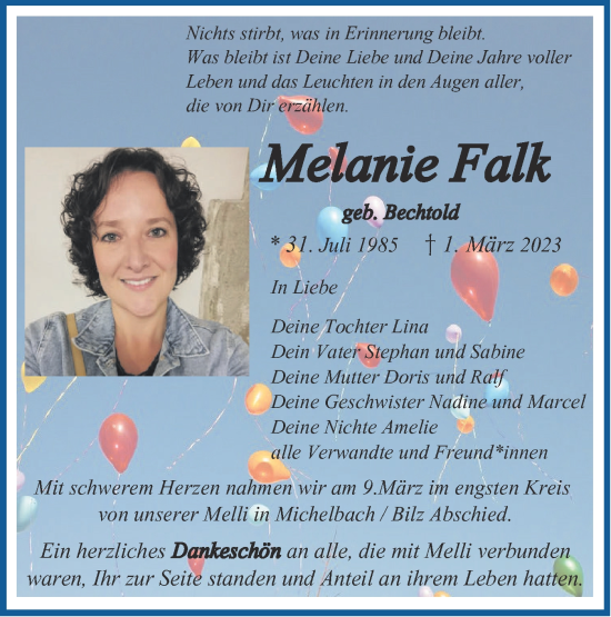 Traueranzeige von Melanie Falk von Haller Tagblatt
