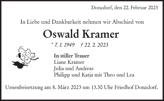 Traueranzeige von Oswald Kramer von NWZ Neue Württembergische Zeitung
