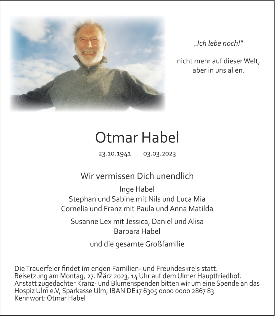 Traueranzeige von Otmar Habel von SÜDWEST PRESSE Ausgabe Ulm/Neu-Ulm