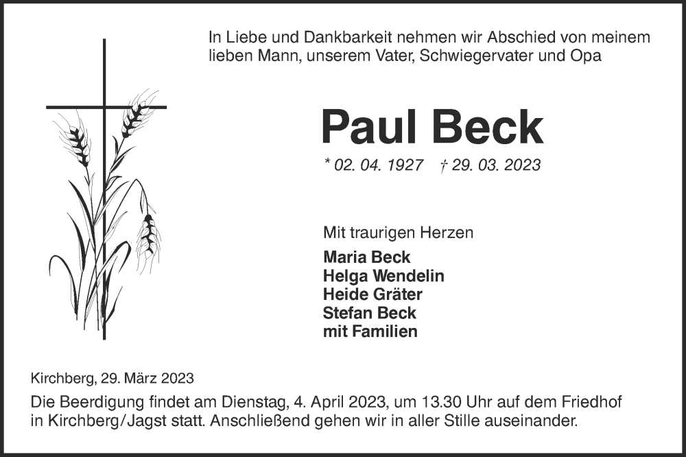  Traueranzeige für Paul Beck vom 01.04.2023 aus Hohenloher Tagblatt