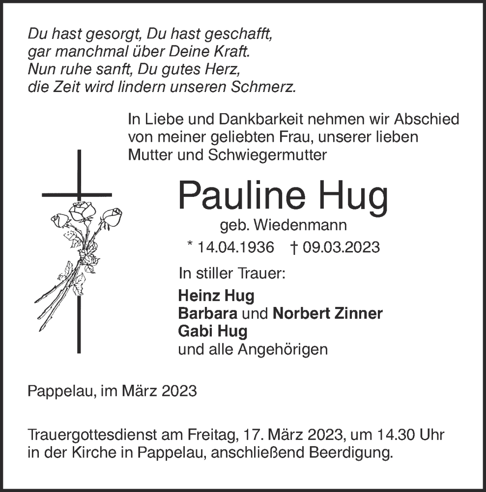  Traueranzeige für Pauline Hug vom 14.03.2023 aus SÜDWEST PRESSE Ausgabe Ulm/Neu-Ulm