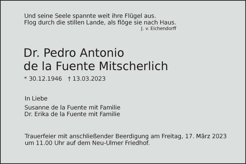  Traueranzeige für Pedro de la Fuente Mitscherlich vom 15.03.2023 aus SÜDWEST PRESSE Ausgabe Ulm/Neu-Ulm
