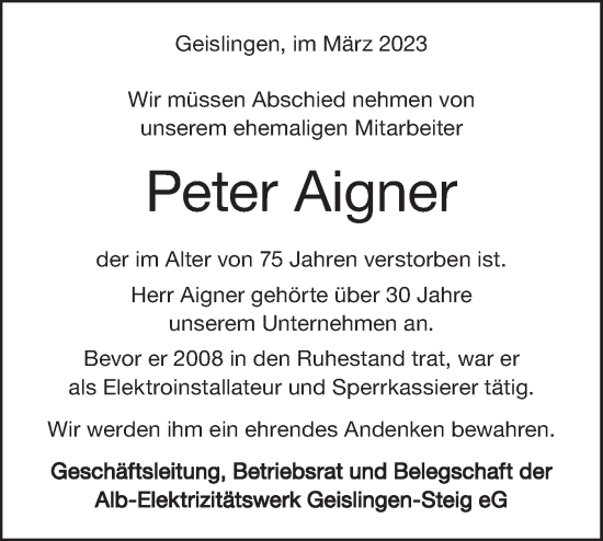 Traueranzeige von Peter Aigner von Geislinger Zeitung