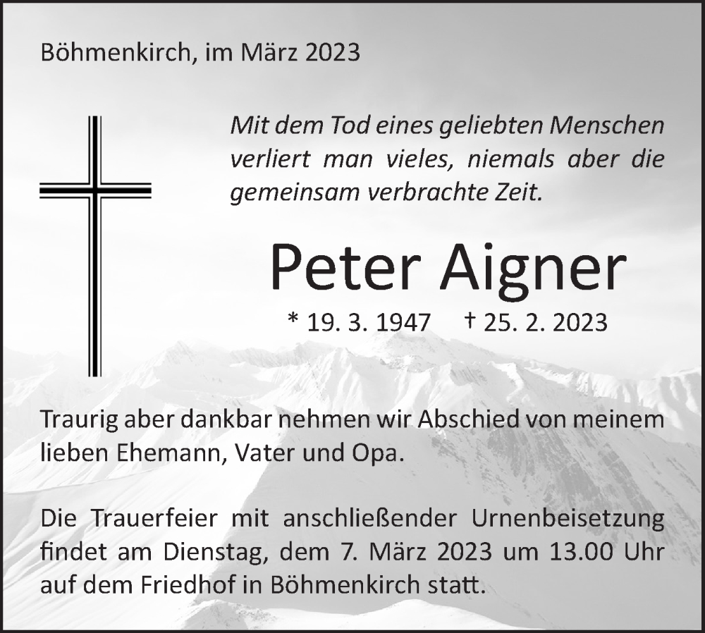  Traueranzeige für Peter Aigner vom 02.03.2023 aus Geislinger Zeitung