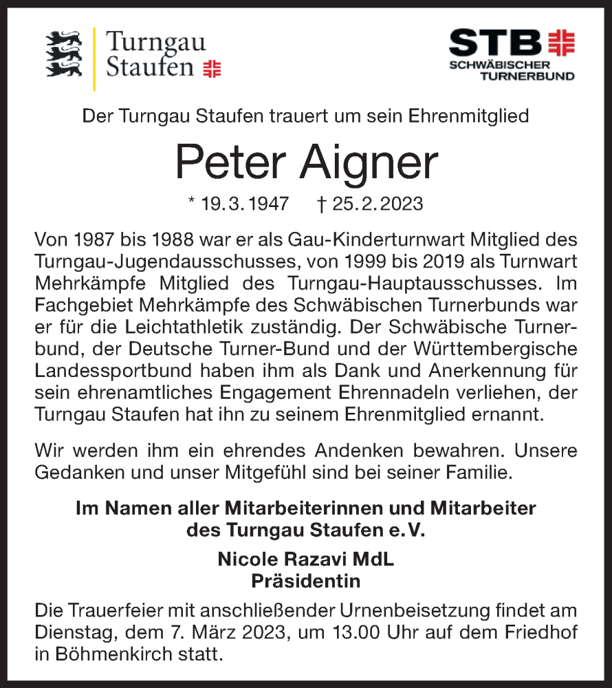  Traueranzeige für Peter Aigner vom 04.03.2023 aus NWZ Neue Württembergische Zeitung/Geislinger Zeitung