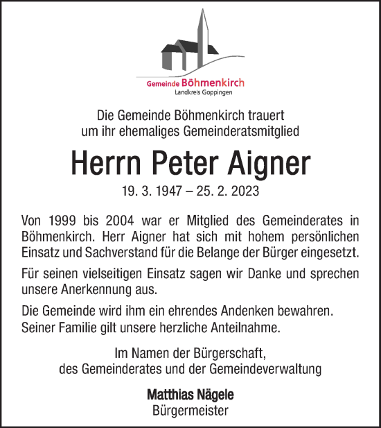 Traueranzeige von Peter Aigner von Geislinger Zeitung