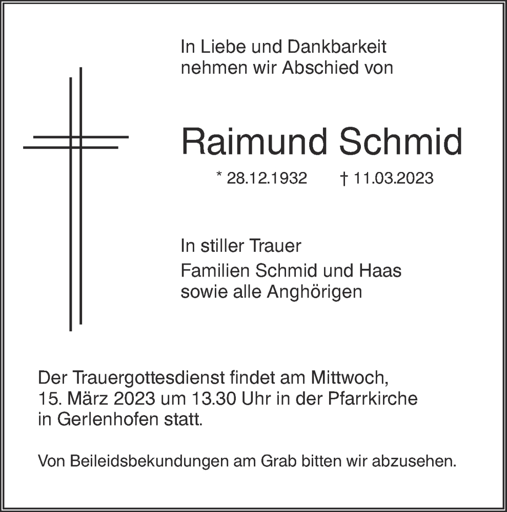  Traueranzeige für Raimund Schmid vom 14.03.2023 aus SÜDWEST PRESSE Ausgabe Ulm/Neu-Ulm