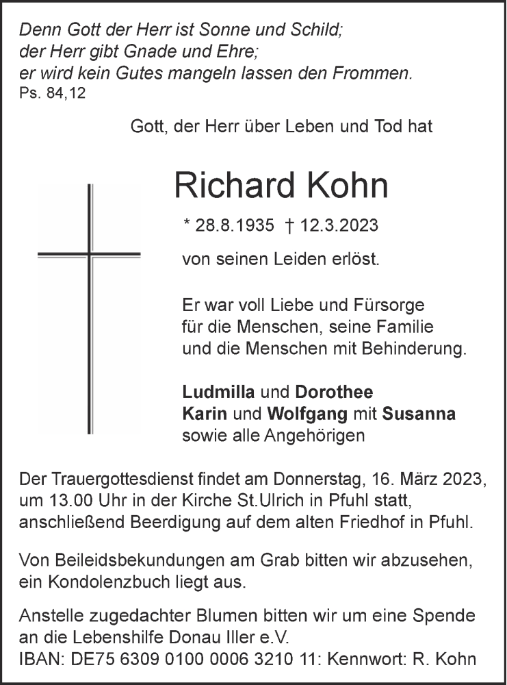  Traueranzeige für Richard Kohn vom 14.03.2023 aus SÜDWEST PRESSE Ausgabe Ulm/Neu-Ulm