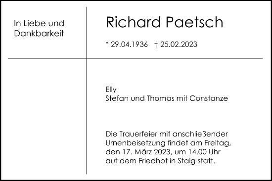 Traueranzeige von Richard Paetsch von SÜDWEST PRESSE Ausgabe Ulm/Neu-Ulm