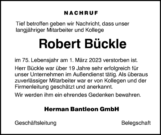 Traueranzeige von Robert Bückle von SÜDWEST PRESSE Ausgabe Ulm/Neu-Ulm