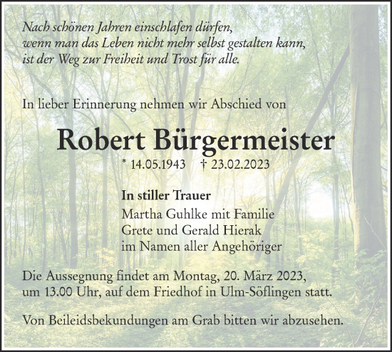 Traueranzeige von Robert Bürgermeister von SÜDWEST PRESSE Ausgabe Ulm/Neu-Ulm