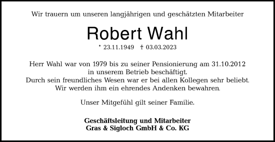 Traueranzeige von Robert Wahl von Haller Tagblatt