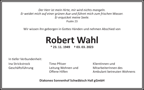 Traueranzeige von Robert Wahl von Haller Tagblatt