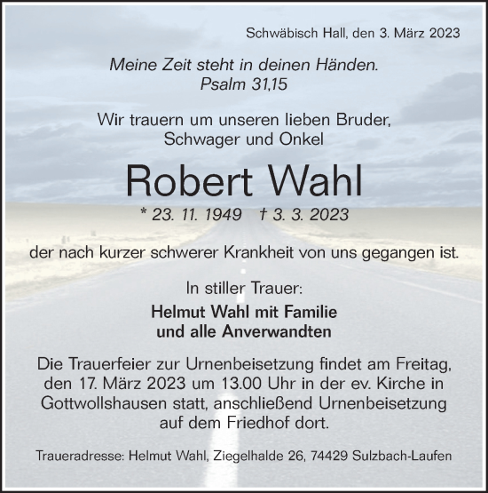 Traueranzeige von Robert Wahl von Haller Tagblatt