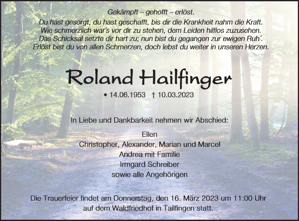 Traueranzeige für Roland Hailfinger vom 15.03.2023 aus Metzinger-Uracher Volksblatt