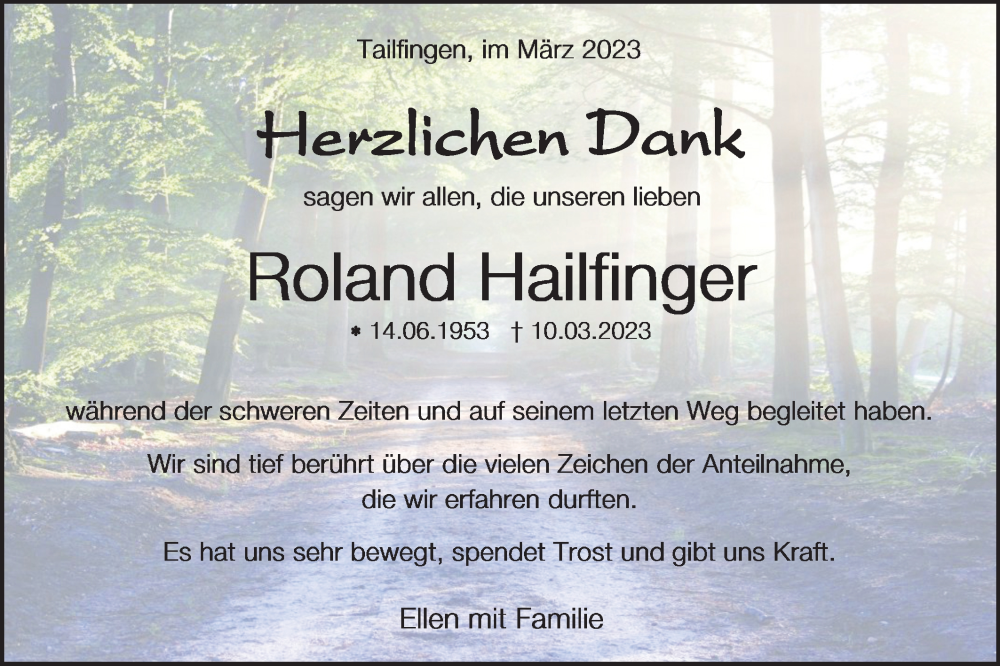  Traueranzeige für Roland Hailfinger vom 25.03.2023 aus Metzinger-Uracher Volksblatt