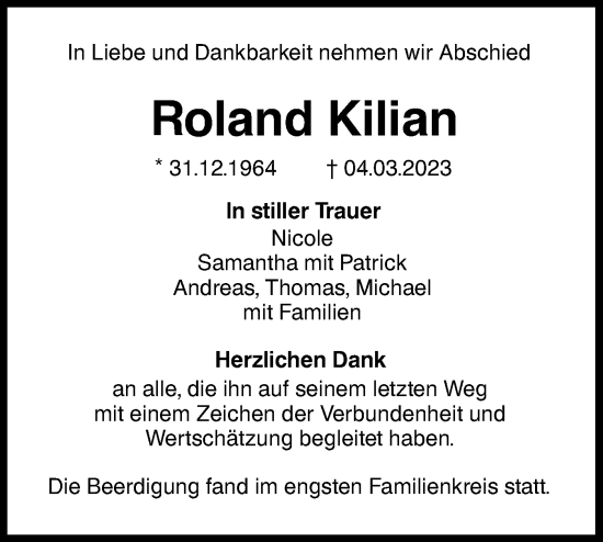 Traueranzeige von Roland Kilian von SÜDWEST PRESSE Ausgabe Ulm/Neu-Ulm