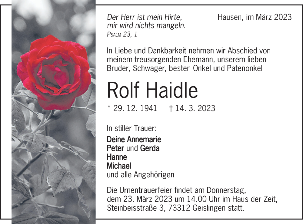  Traueranzeige für Rolf Haidle vom 18.03.2023 aus NWZ Neue Württembergische Zeitung/Geislinger Zeitung