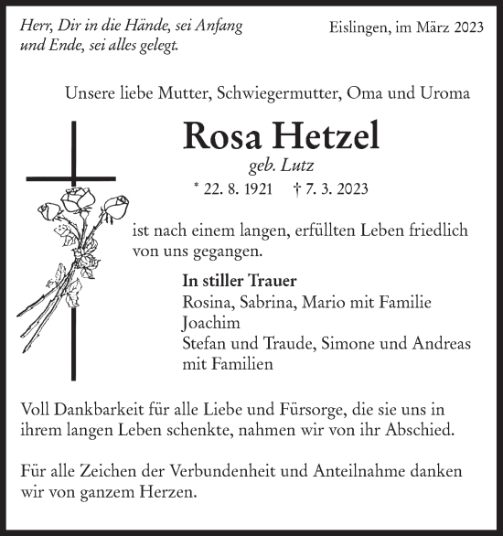 Traueranzeige von Rosa Hetzel von NWZ Neue Württembergische Zeitung