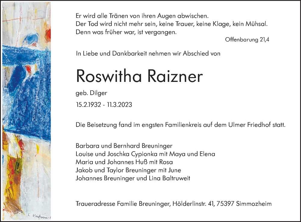  Traueranzeige für Roswitha Raizner vom 18.03.2023 aus SÜDWEST PRESSE Ausgabe Ulm/Neu-Ulm