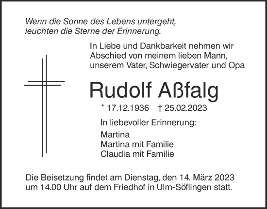Traueranzeige von Rudolf Aßfalg von SÜDWEST PRESSE Ausgabe Ulm/Neu-Ulm