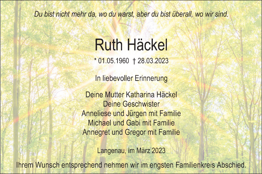  Traueranzeige für Ruth Häckel vom 01.04.2023 aus SÜDWEST PRESSE Ausgabe Ulm/Neu-Ulm