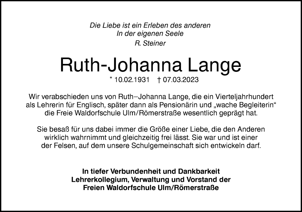  Traueranzeige für Ruth-Johanna Lange vom 10.03.2023 aus SÜDWEST PRESSE Ausgabe Ulm/Neu-Ulm