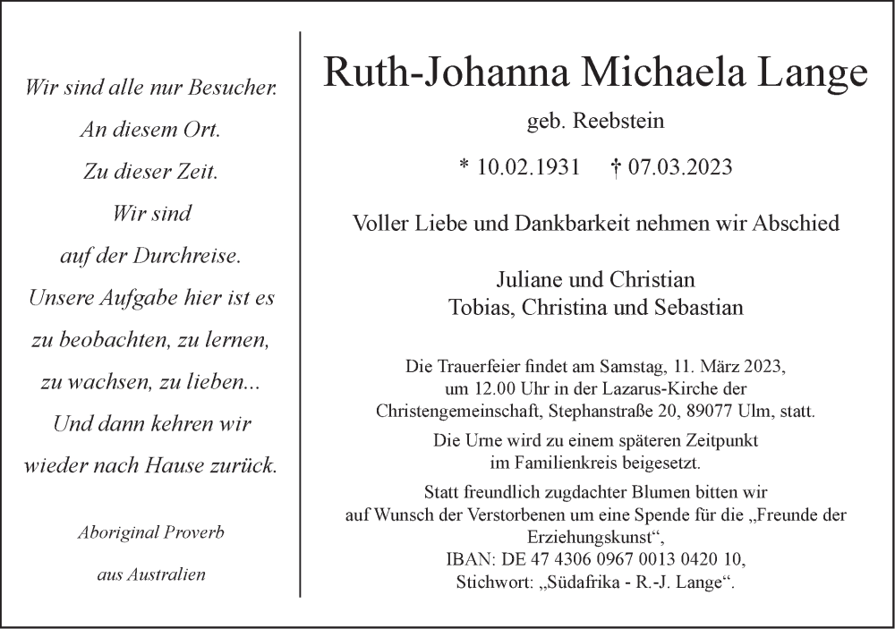  Traueranzeige für Ruth-Johanna Lange vom 09.03.2023 aus SÜDWEST PRESSE Ausgabe Ulm/Neu-Ulm
