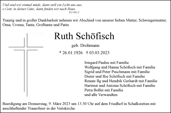 Traueranzeige von Ruth Schöfisch von Geislinger Zeitung