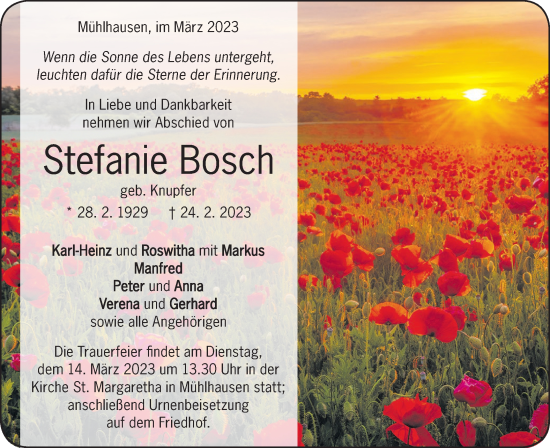 Traueranzeige von Stefanie Bosch von Geislinger Zeitung