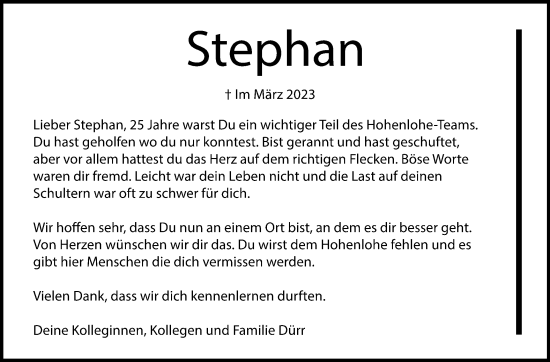 Traueranzeige von Stephan Bormann von Haller Tagblatt