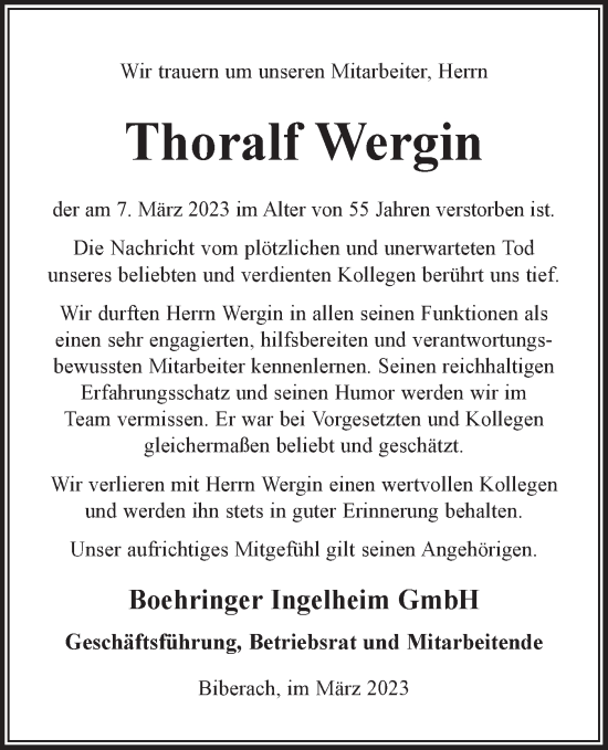 Traueranzeige von Thoralf Wergin von SÜDWEST PRESSE Ausgabe Ulm/Neu-Ulm