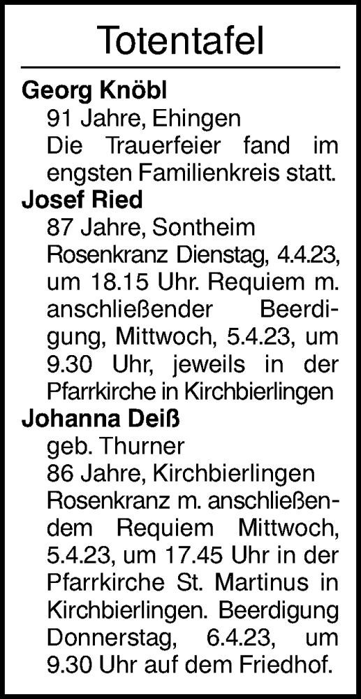 Traueranzeige von Totentafel vom 01.04.2023 von Ehinger Tagblatt
