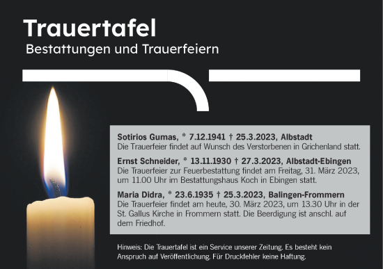 Traueranzeige von Totentafel vom 30.03.2023 von Metzinger-Uracher Volksblatt
