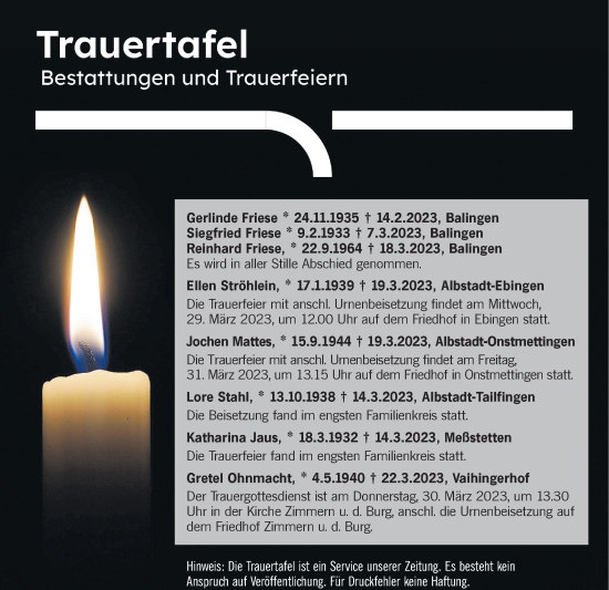 Traueranzeige von Trauertafel vom 28.03.2023 von Metzinger-Uracher Volksblatt
