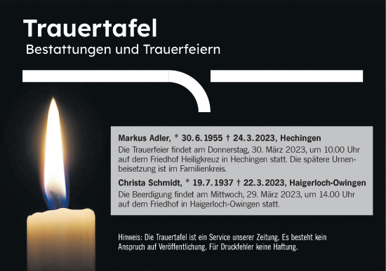 Traueranzeige von Trauertafel vom 28.03.2023 von Metzinger-Uracher Volksblatt