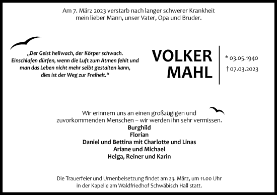 Traueranzeige von Volker Mahl von Haller Tagblatt